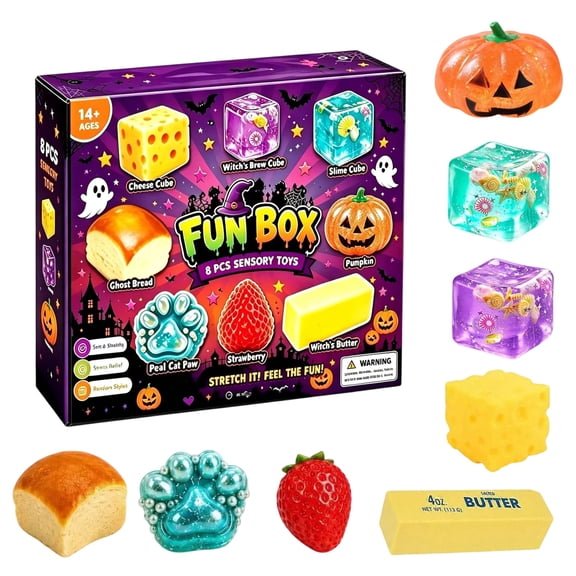 HOXZODT Halloween 8 Pack Squishy Sensory Toys Set, 3D Fidget Stress Relief Squishies Box, Cute Simulated Food Squeeze Toys Party Favor Gift for Teens