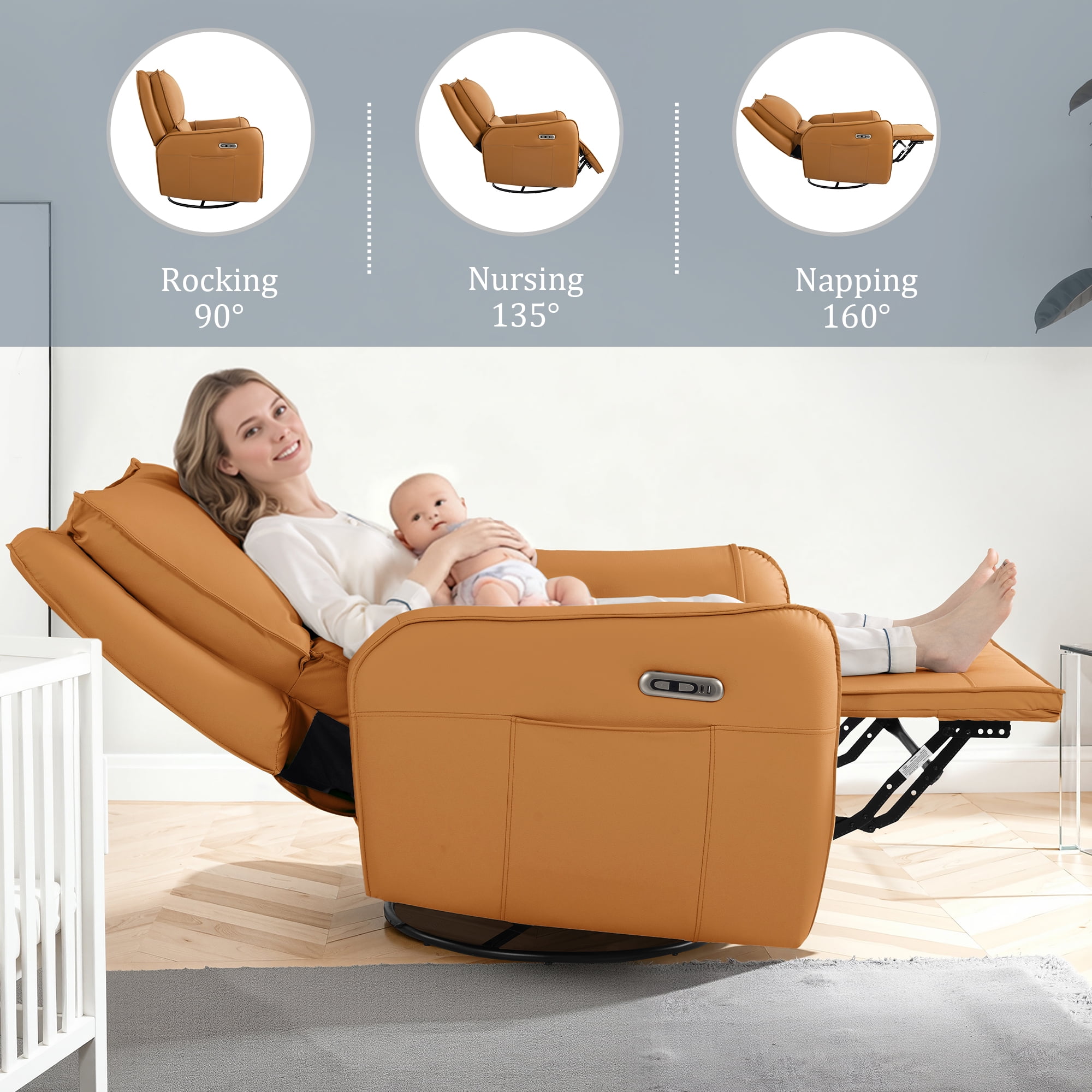 Power Recliner Rocking Chair Nursery Gliders, Electric Swivel Rocker Recliner Chair, Comfy Upholstered Living Room Reclining Chairs with Lumbar Support