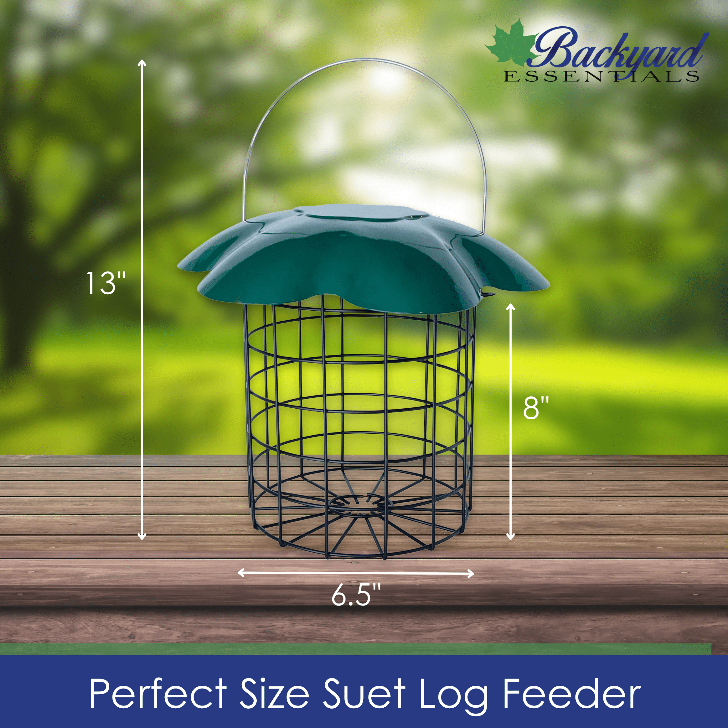 Backyard Essentials Large Seed or Suet Log Caged Feeder - Metal Suet Cage Cylinder Bird Feeder with Green Slide Down Protective Roof