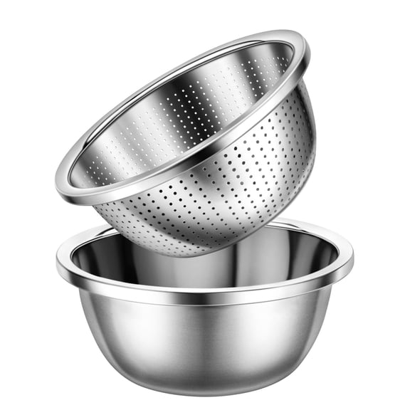Stainless Steel Bowl & Colander Set, Moisture-Resistant Easy to Clean 2-Piece Kitchen Set for Vegetable Washing, Draining & Food Preparation