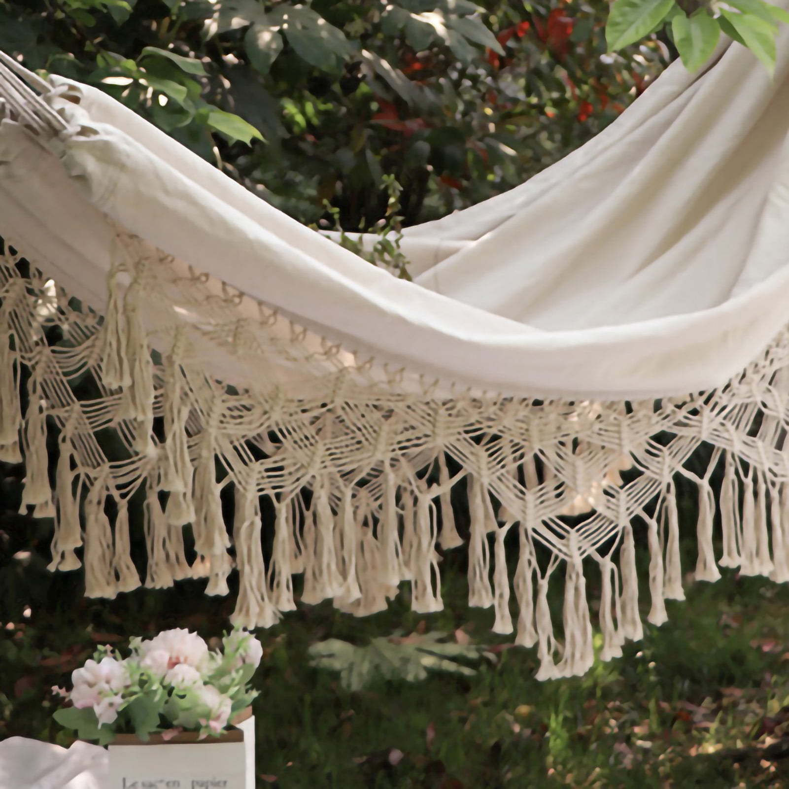 Double Hammock Wearable Portable Rustic Tassel Adult Hammock with 2 Tie Ropes Storage Bag for Camping Indoor Outdoor Beige