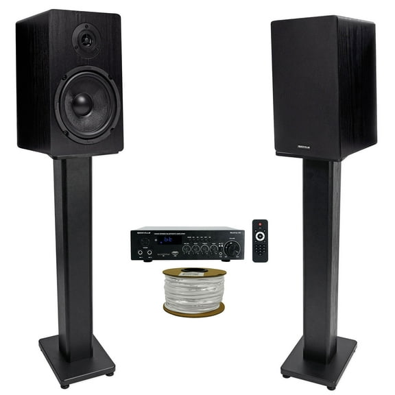 Rockville BLUAMP 90 Bluetooth Home Audio Receiver (2) 6.5" Black Speakers Stands