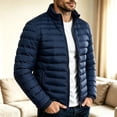 thumbnail image 3 of Men Stand Collar Puffer Jacket Full Zip Packable Quilted Outerwear Zipper Side Pockets Warm Casual Coat for Daily Commute Travel Camping Cold Weather Outdoor Wear Blue M, 3 of 6