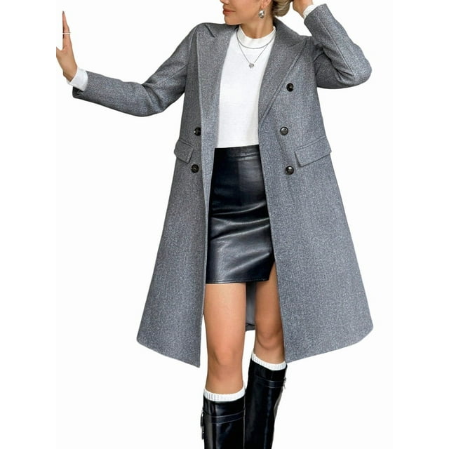 Manteau Caban à Col Cranté Double Boutonnage pour Femmes en Laine Mélangée Gris P
