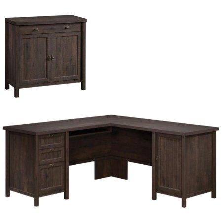 Home Square 2-Piece Set with Computer Desk & Library Base Cabinet in Coffee Oak