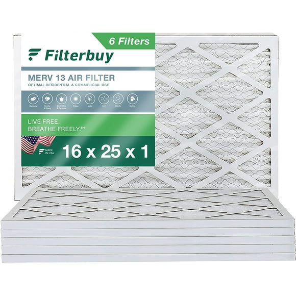 Filterbuy 16x25x1 MERV 13 Pleated HVAC AC Furnace Air Filters (6-Pack)