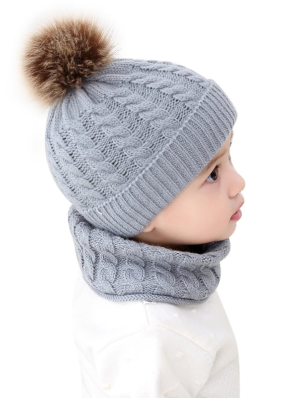 3PCS Kids Warm Knitted Beanie Pompom Hat Circle Scarf Cotton Face Warmer Set Outdoor Boys Girls Cold Weather Accessories Sets with Fleece Lined Knitted Cap Neckerchiefs Xmas Gift for Aged 3-8