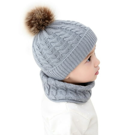 2Pcs Kids Baby Girl Boy Winter Knit Bobble Warm Hat Neck Warmer Infant Cap