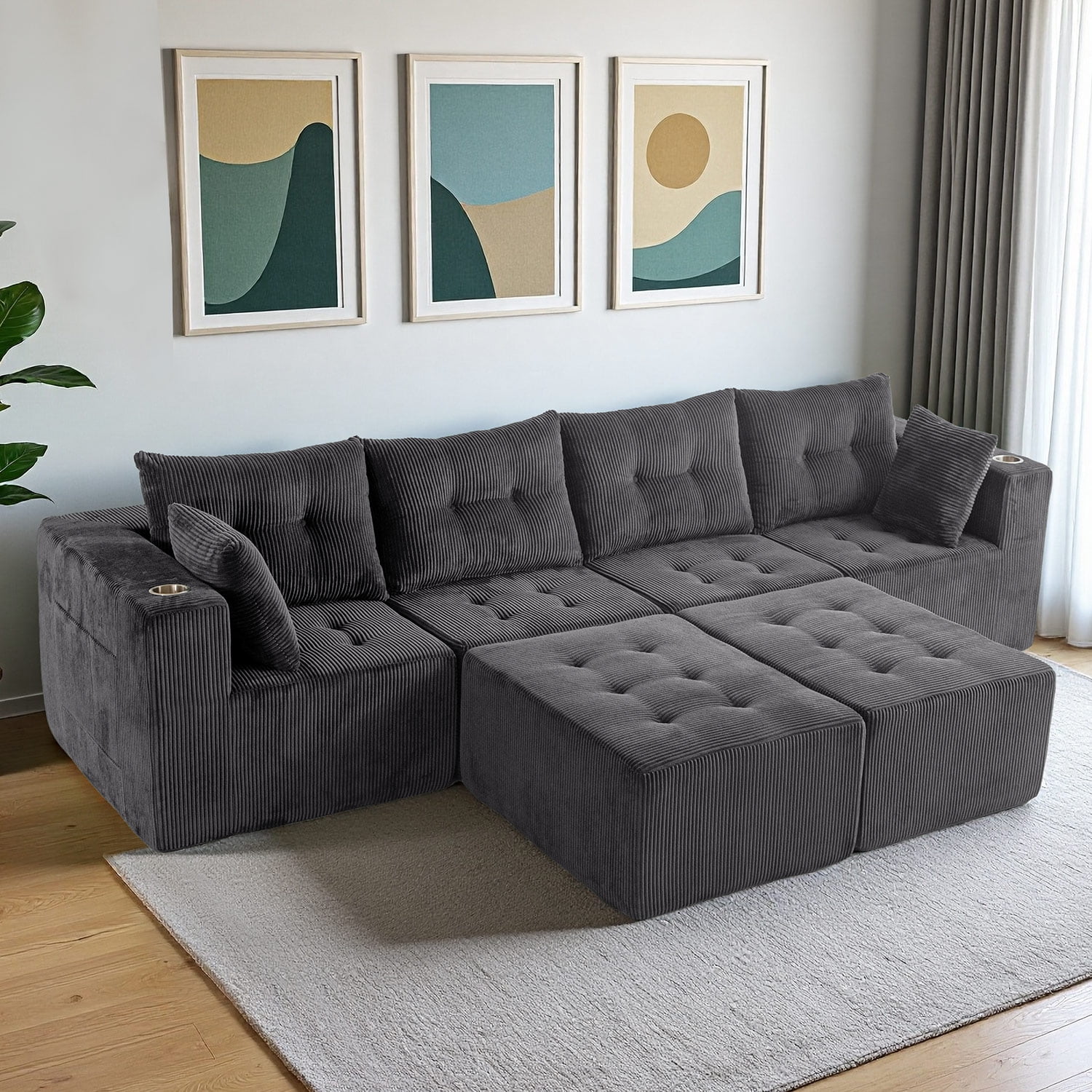 BYBYME 129"Oversized U Shaped Couch,6 Seat Sectional Corduroy Tufted Sofa,Upholstered Symmetrical Cloud Couch with Double Chaise,Wrap Around Sofa for Living Room Apartment Office,Sofa in A Box,Grey
