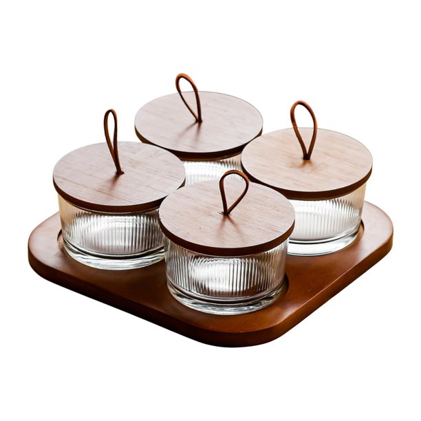 Plato de madera para servir con divisiones, bandeja con tapa de vidrio transparente, plato para nueces dividido 4 cuadrícula