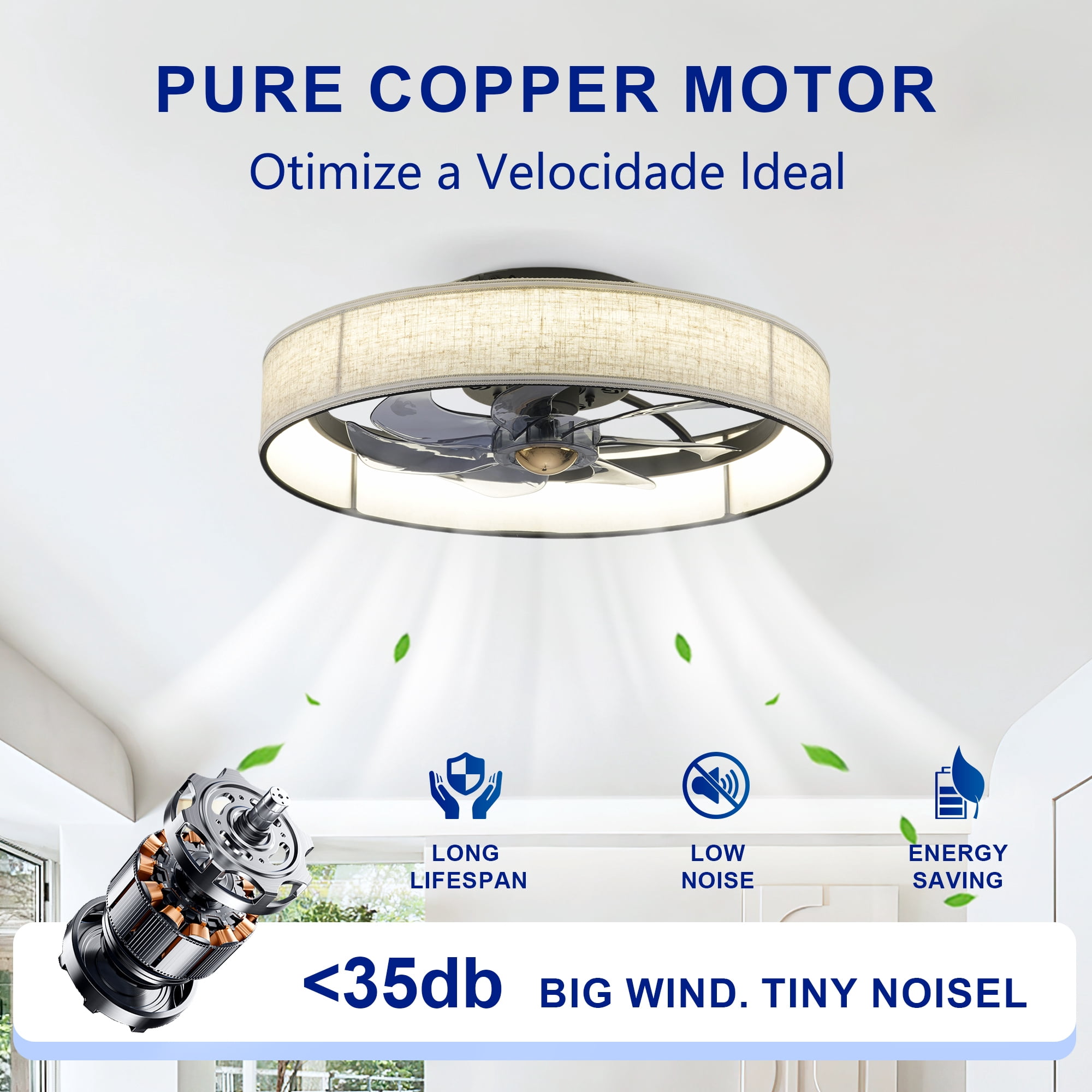 Leumius 20" Fabric Farmhouse 7 Blades Ceiling fan with Light and Remote Control, Quiet DC Motor Ceiling Fan for Living Room Bedroom Kitchen
