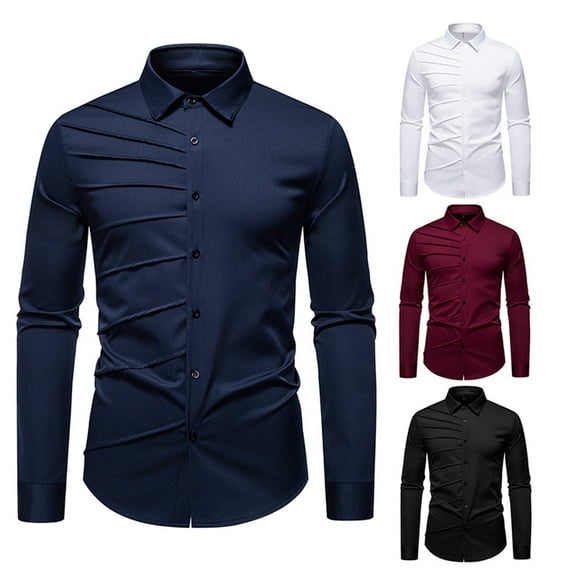 safuny Men's Slim Dress Shirt Solid Long Sleeve Button Down Ruched Casual Top Black L