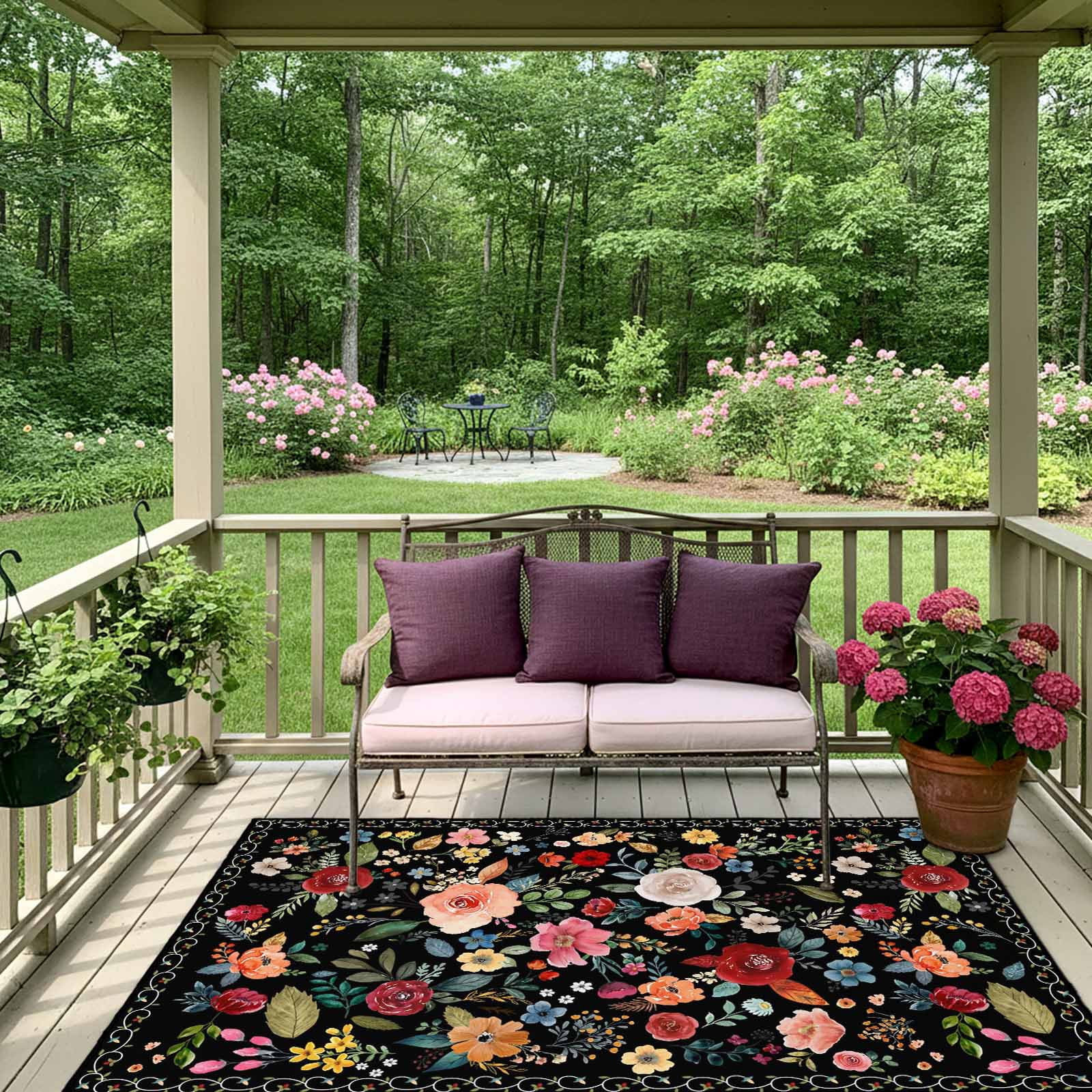 Watercolor Flowers Outdoor Rug 5x7 Ft, Non Slip Washable Area Rug, Farmhouse Floral Vintage Black Patio Rugs Carpet Runner, Large Floor Mat for Indoor/Outdoor Deck Porch Camping