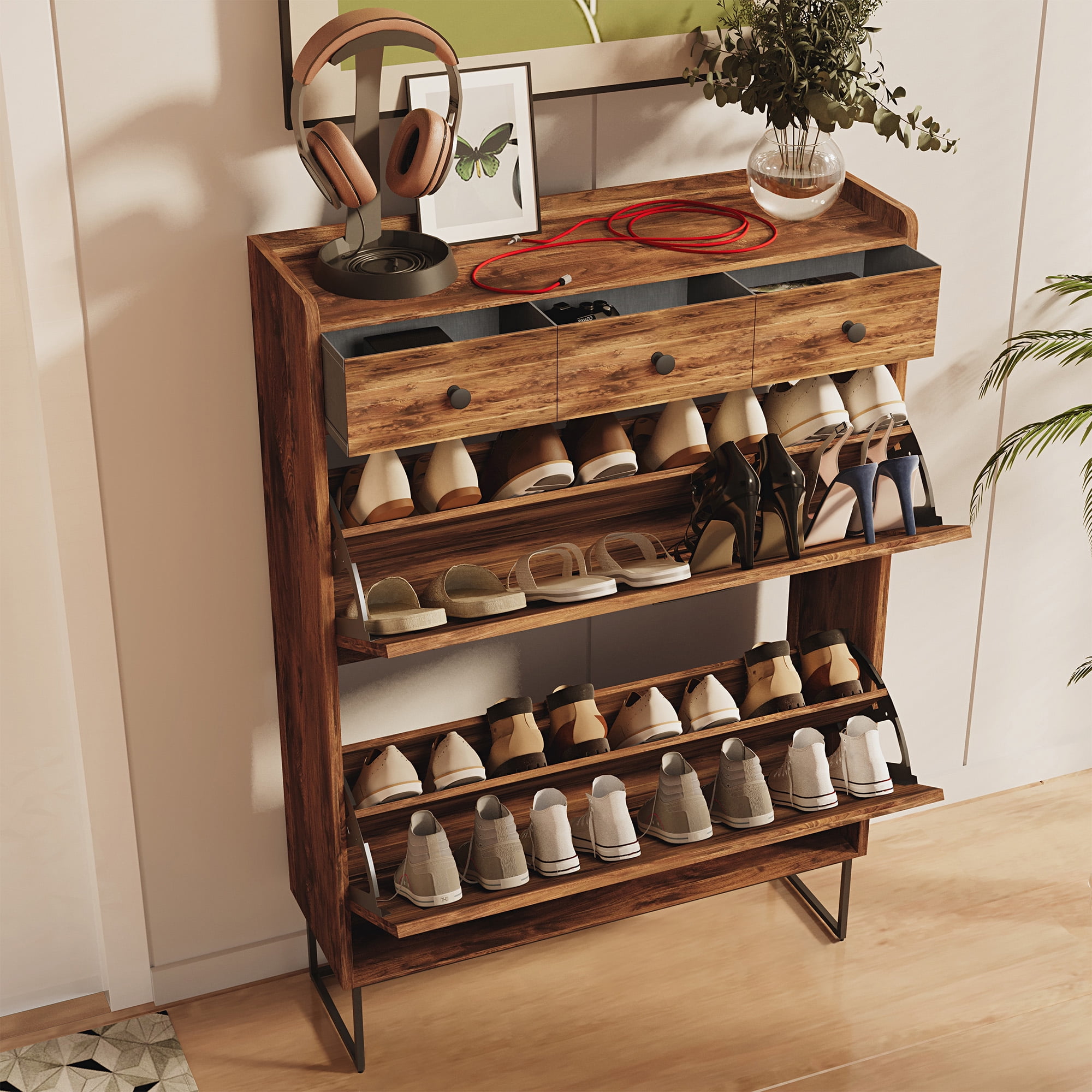 LAUSAINT HOME Shoe Storage Cabinet, Narrow Shoe Rack Organizer with Drawers