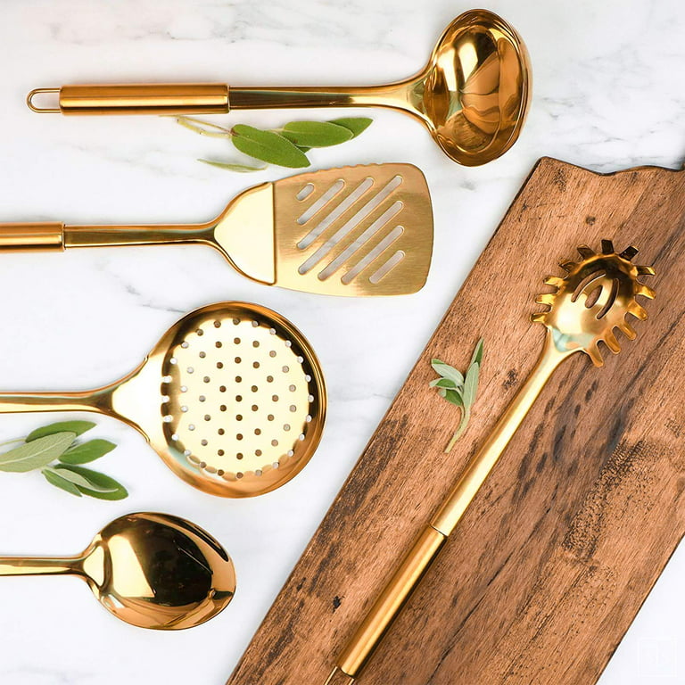 Styled Settings Gold/Brass Cooking Utensils for Modern Cooking and Serving, Kitchen Utensils -Stainless Steel Cooking