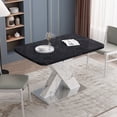 thumbnail image 3 of Stretchable Dining Table, Modern Square Dining Table, Black Marble Table Top+MDF White X-Shape Table Leg with Metal Base, 3 of 7