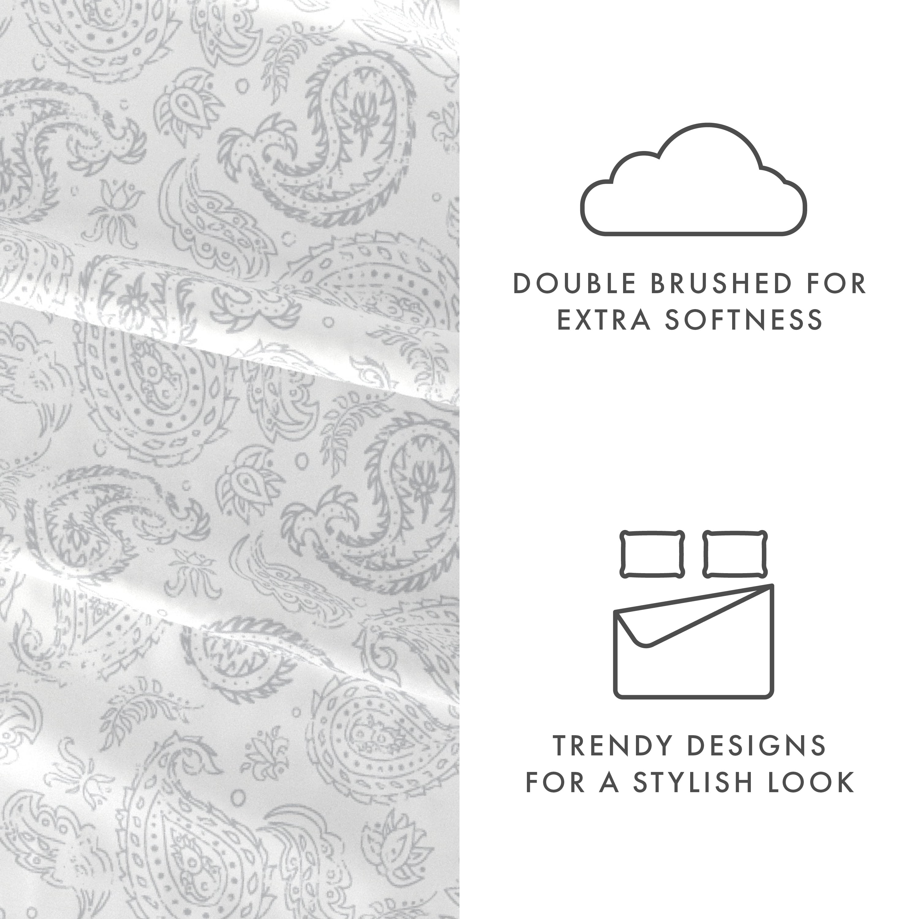 Noble Linens 4 Piece Pattern Microfiber Bed Sheets Set, Gray Coarse Paisley, King