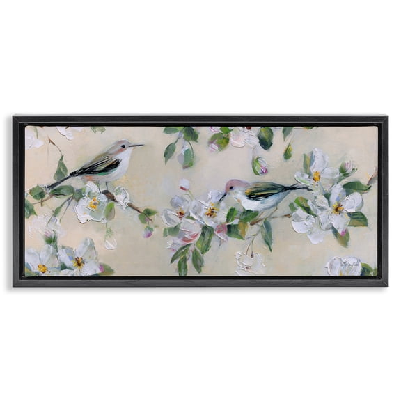 Stupell Industries Perched Songbirds on Branches Animals Painting Black Floater Framed Canvas Art Print Wall Art, 25 x 11