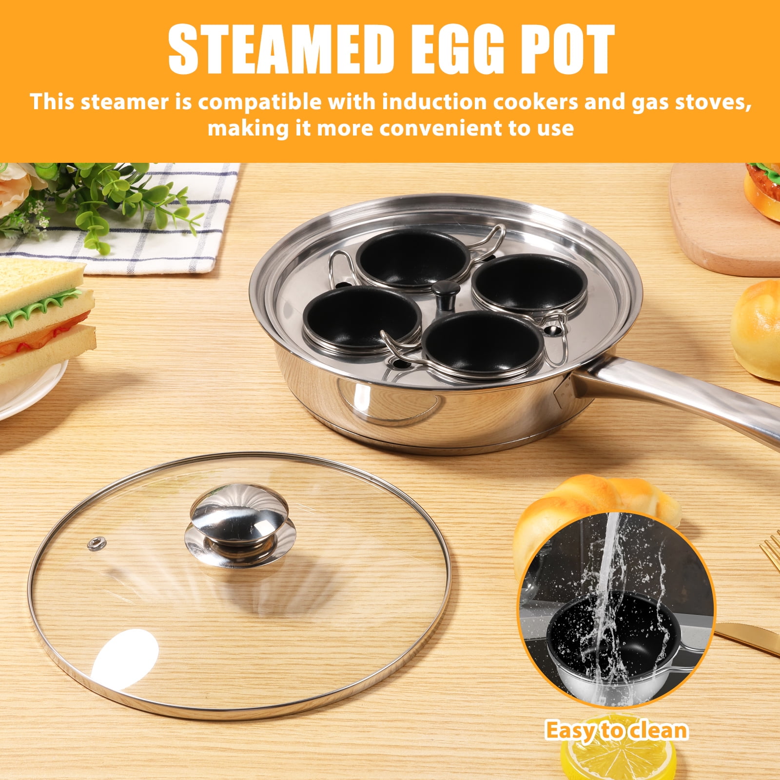 4-Cup Egg Poacher Pan, 8" Stainless Steel Poached Egg Maker with 4 Nonstick Removable Cups & Glass Lid, Induction Compatible Egg Poaching Pan for Gas & Electric Stovetops