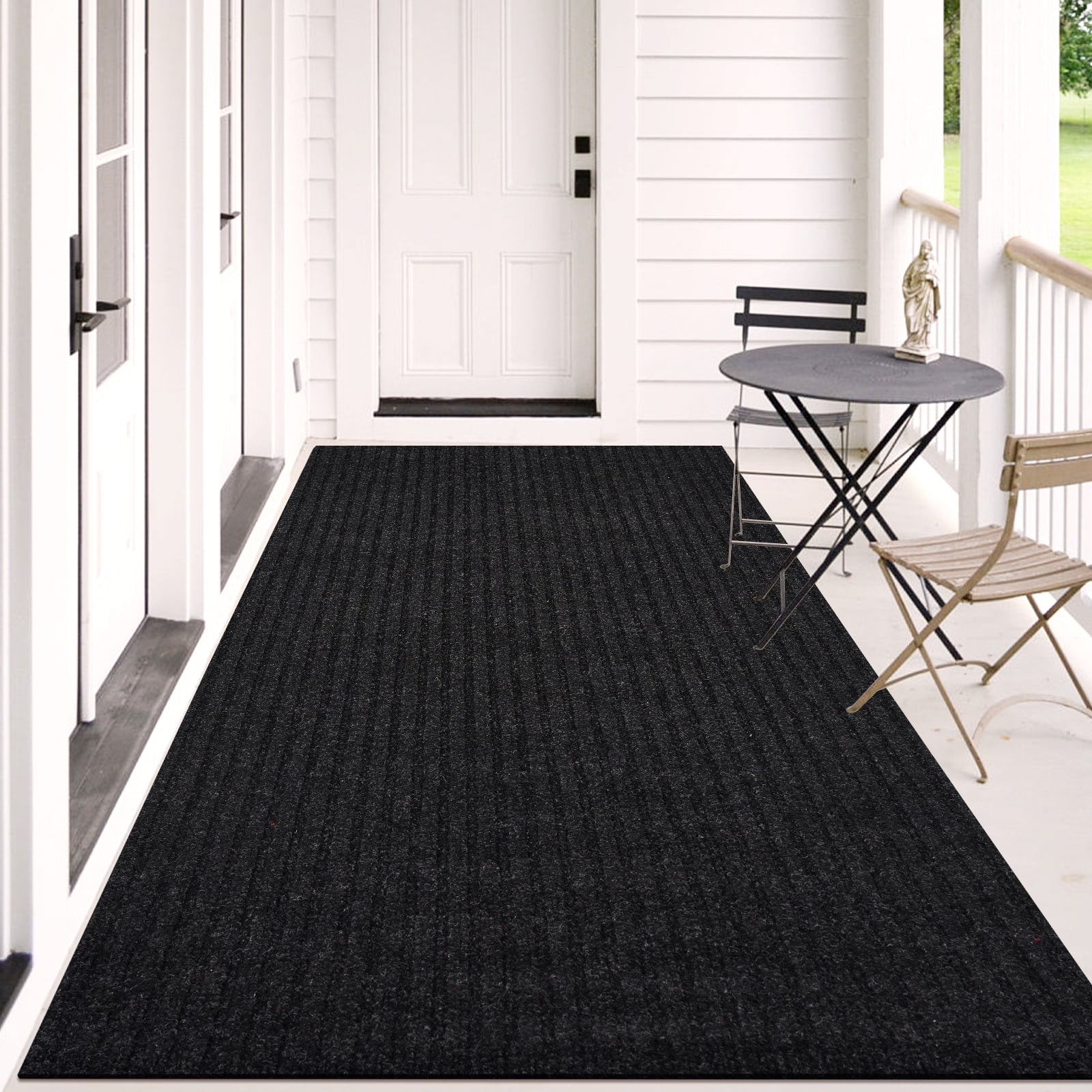 Morefany Outdoor Indoor Runner Rug Custom Size Rugs Non-Slip Hallway Carpet Runners with Rubber Backing Mat for Kitchen Entryway Garage Laundry 3ft x 21ft, Black Striped