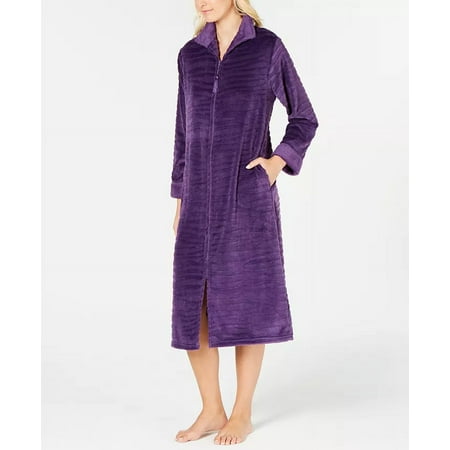 MISS ELAINE Textured Fleece Long Zip Robe Small Plum