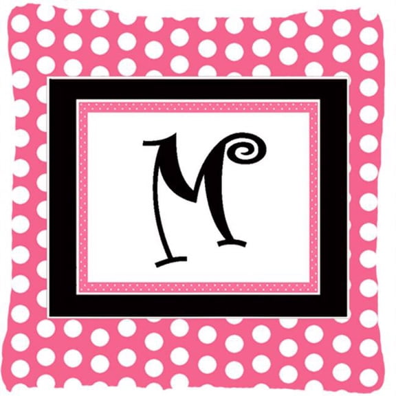 Letter M Initial Monogram - Pink Black Polka Dots Indoor & Outdoor Fabric Decorative Pillow