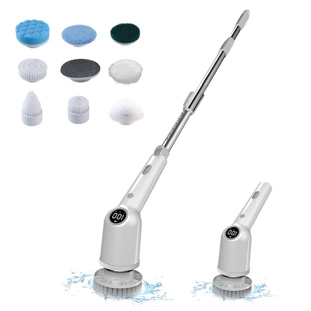 Brosse Électrique Rotative, Brosse de Nettoyage de Douche Sans Fil Étanche avec 8 Têtes de Brosse Remplaçables, Brosse à Récurer 3 Vitesses Bras Extensible Réglable pour Salle de Bain Sol Douche