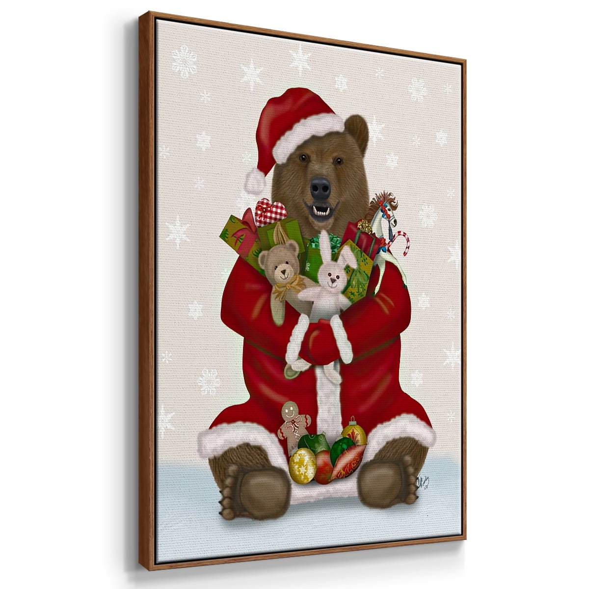 Christmas Christmas Present Bear Hug - Framed Gallery Wrapped Holiday Canvas - 25 x 37 - Rosewood Frame