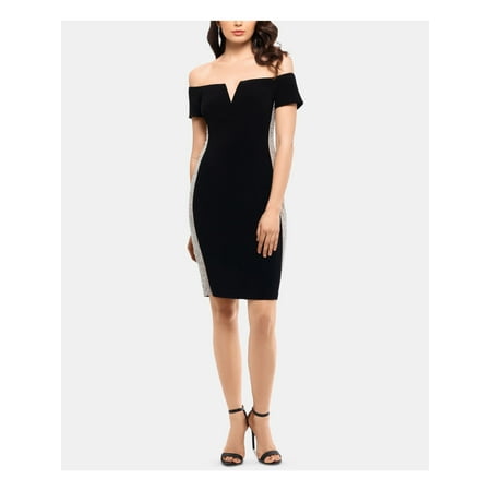 XSCAPE Womens Black Short Sleeve Off Shoulder Above The Knee Body Con Cocktail Dress Petites Size: 6P