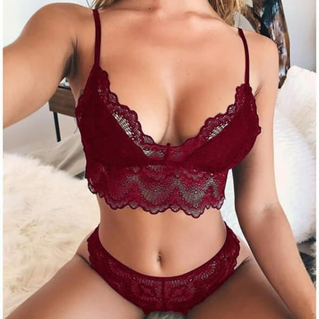 

YIWEI Ladies Sexy Underwear Lace Underwear Two-Piece Suit Comfortable Sexy Underwear Wine Red M