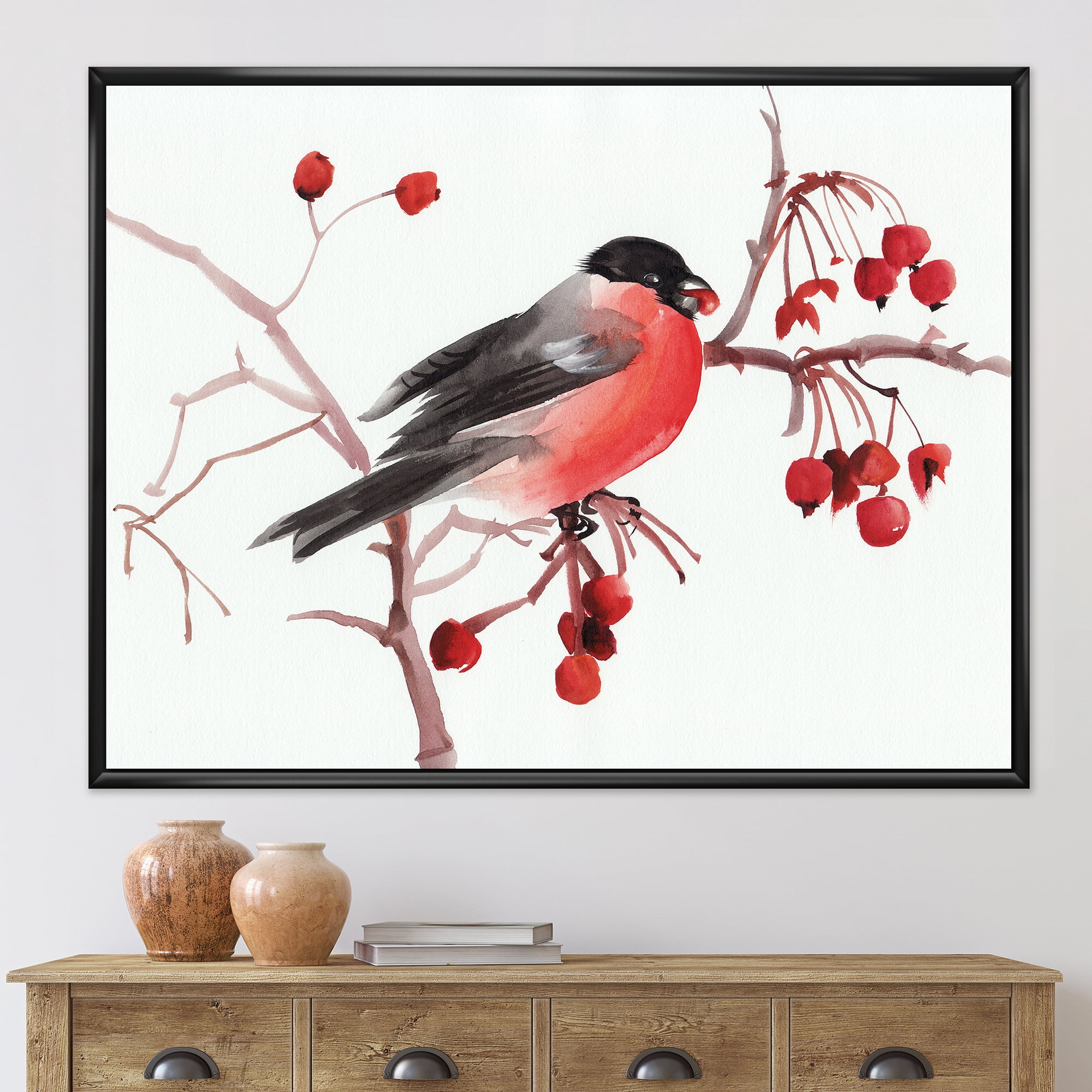 Designart 'Bullfinch Bird Sitting On A Branch' Traditional Framed Canvas Wall Art Print