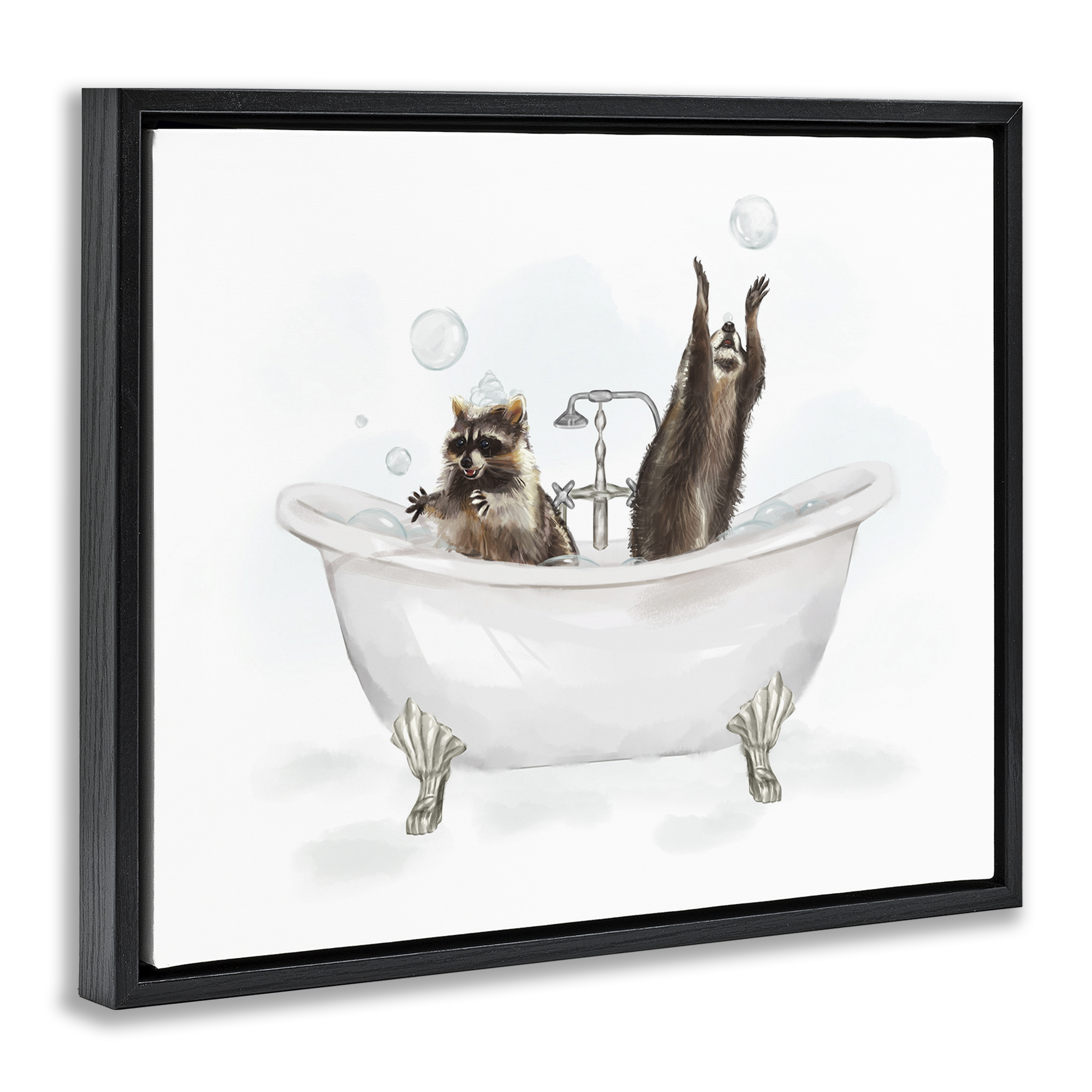 Stupell Industries Raccoons Catching Bubbles Typography Painting Black Floater Framed Canvas Art Print Wall Art, 21 x 17