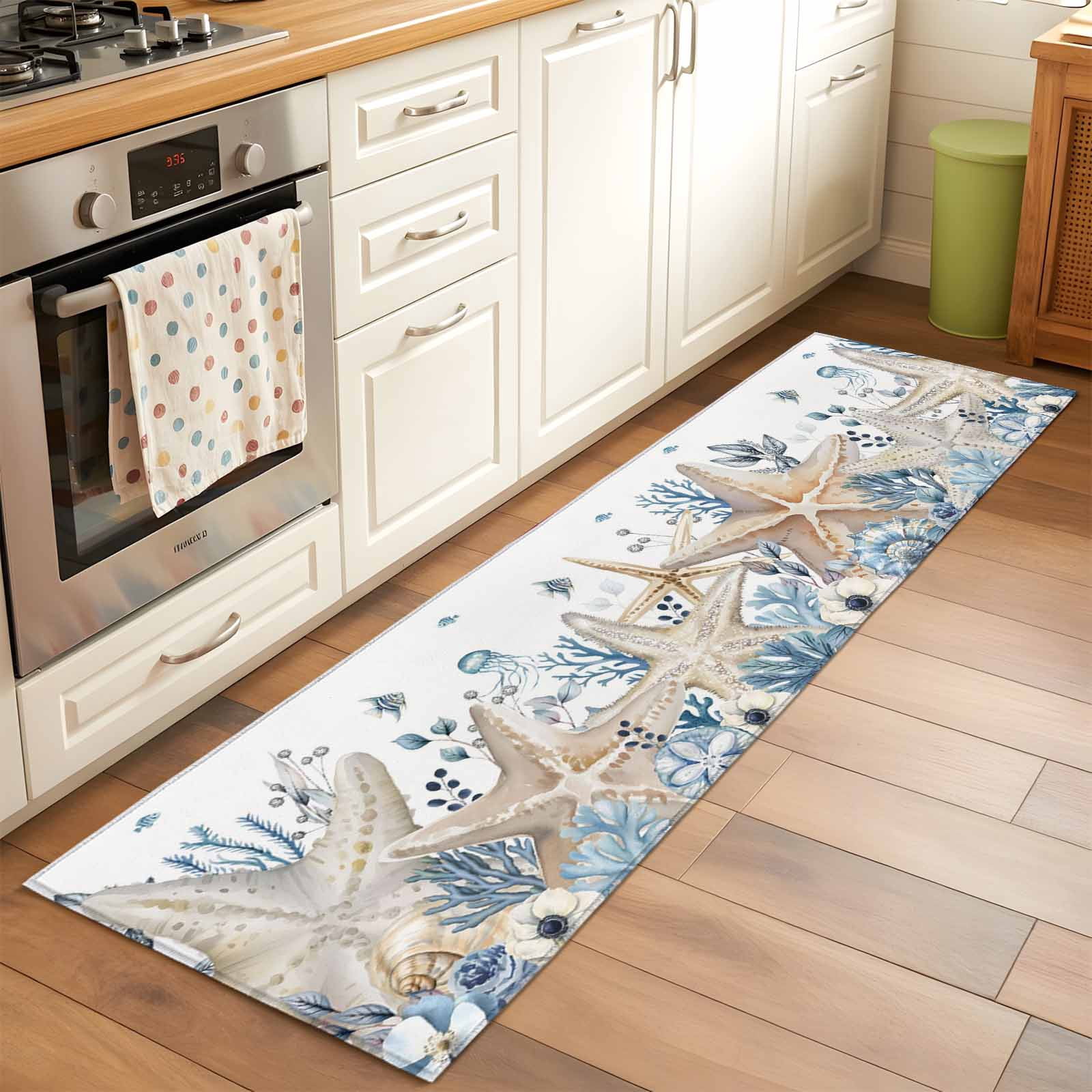 2'x6' Rug Runners for Hallways Kitchen, Blue Beige Coastal Non Slip Entryway Beside Floor Carpet Runner, Beach Starfish Summer Eucalyptus Washable Laundry Room Bedroom Throw Rugs Mat for Family Pet