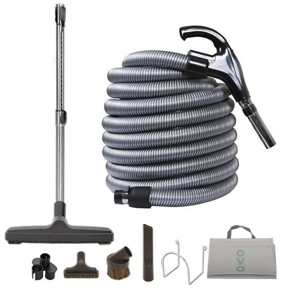 Ensemble d'accessoires Deluxe OVO pour aspirateur central incluant Boyau Bas-voltage de 30 pi avec interrupteur Marche/Arrêt à la poignée, Brosse à plancher de 12'' et accessoires. Idéal; pour surface