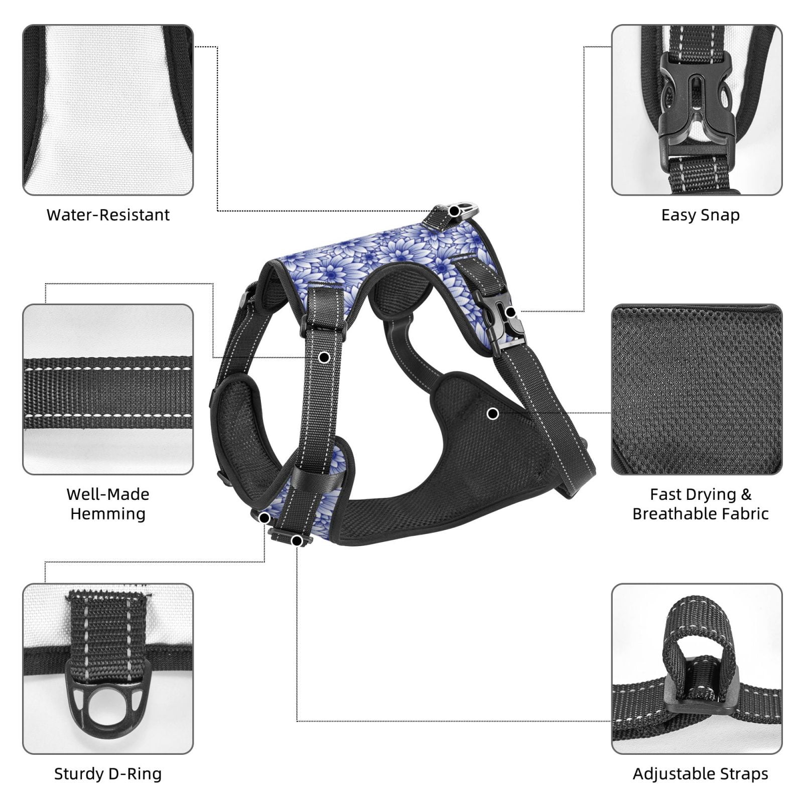 Fuzoiu Blue And White Flowers Print Reflective Dog Harness,Adjustable, Breathable Pet Vest,Dog Harness No Pull,No Choke Pet Vest for Small, Medium, and Large Dogs-Medium