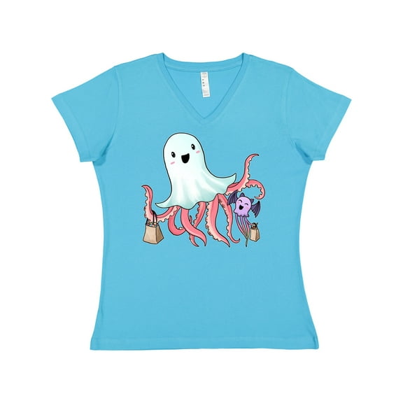 Inktastic Cute Ghost Octopus Trick or Treating with Bat Women's V-Neck T-Shirt