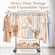 UNTIMATY Heavy Duty Double Rod Clothes Rack with Wheels Expandable Rolling Garment Rack for Closet Storage, Sliver
