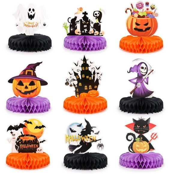 Honeycomb Halloween Table Centerpiece - Spooky Pumpkin Ghost Cat Cauldron Castle Tombstone Decor Set for Kids Party - Prop Supplies & Favors