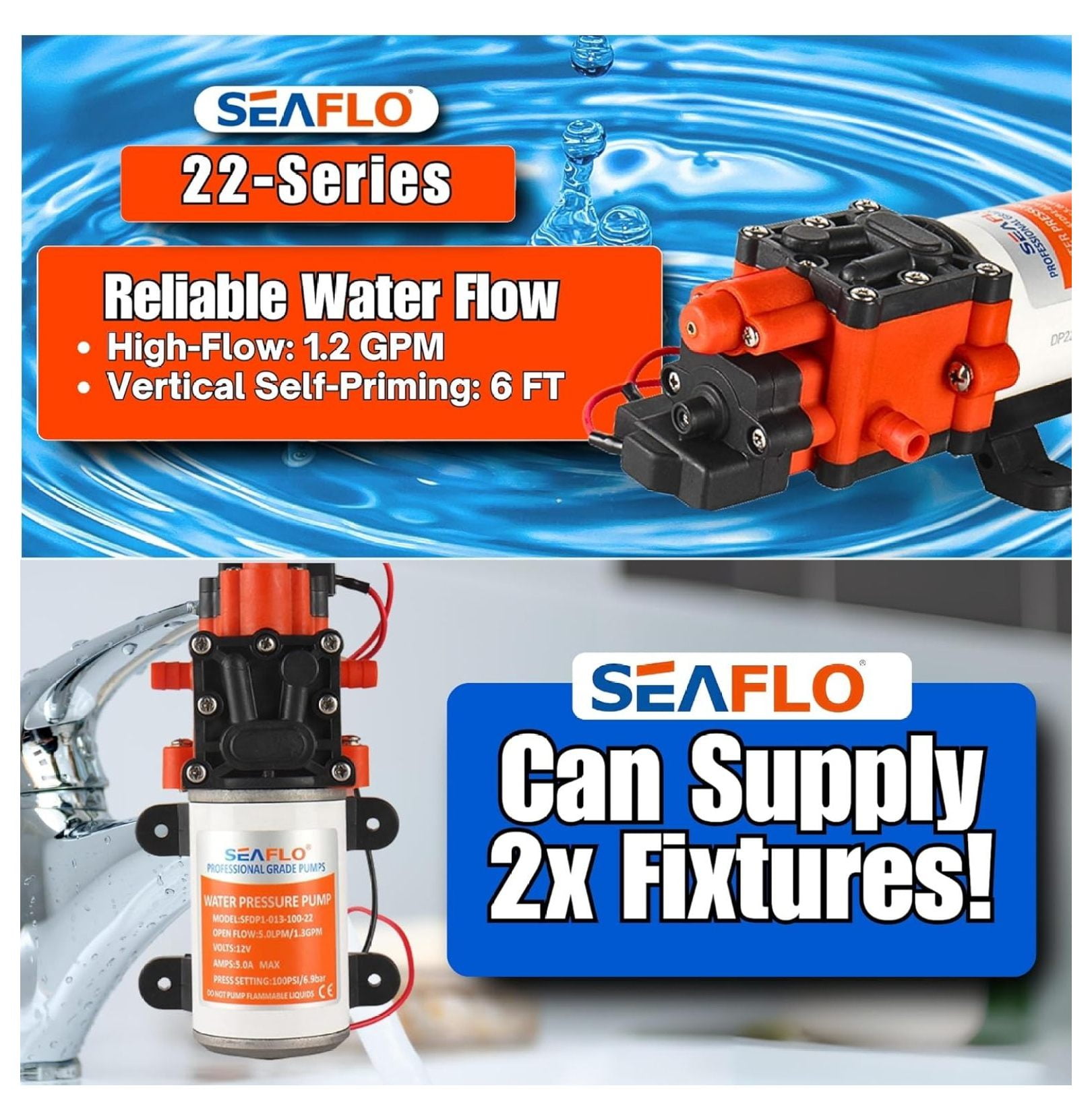 22-Series Water Pump - 12V, 1.3 GPM, 100 PSI - On-Demand Water Pressure Diaphragm Pump for Marine, RV, Agriculture, and Off-Grid Applications