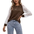 thumbnail image 2 of Camiseta informal holgada para mujer con cuello redondo y mangas de encaje, talla XL Blusa de encaje de manga larga marrón, 2 of 8