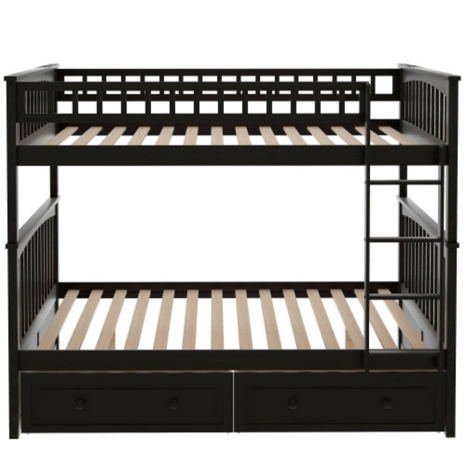 Full Over Full Bunk Bed with Storage Drawers, Convertible Wood Bunk Bed Frame with Safety Guardrails, Solid Pine Wood Kids & Adult Bed for Bedroom, Espresso