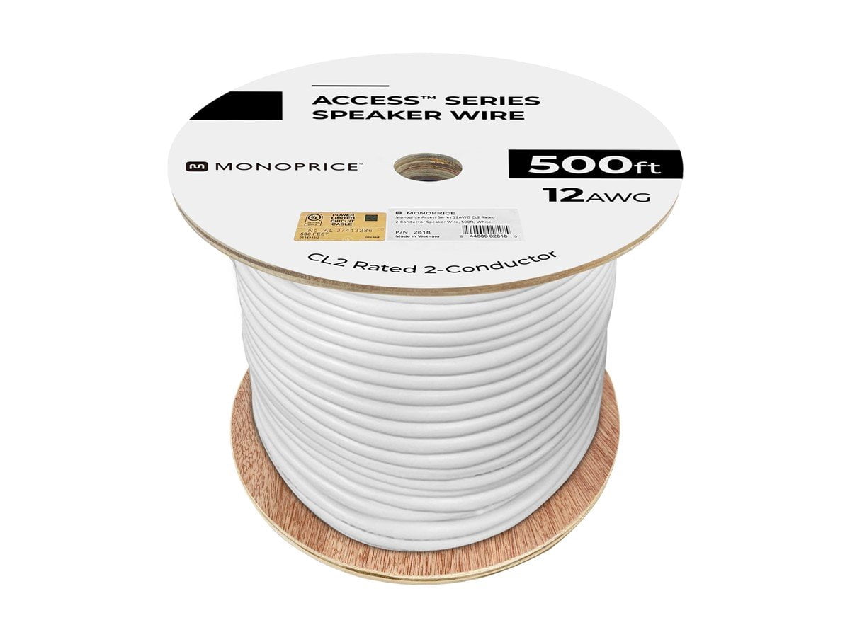 Monoprice Speaker Wire, CL2 Rated, 2-Conductor, 12AWG, 500ft, White