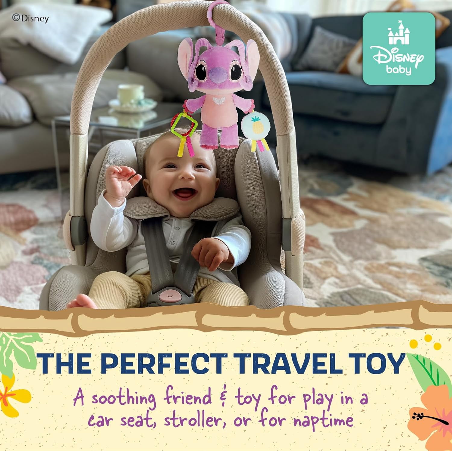 Kids Preferred Disney Baby Lilo and Stitch Angel On The Go Activity Toy with Teether Rings, On The Go Clip, Crinkle Texture, and Mirror