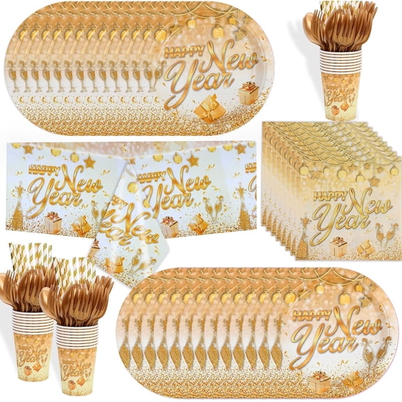 121PCS New Year Eve Party Supplies Dinnerware Set for 16 Guests, 2026 White Gold Happy New Year Tableware Set with Cups Napkins Tablecloth for 2026 New Year Eve Party Decor