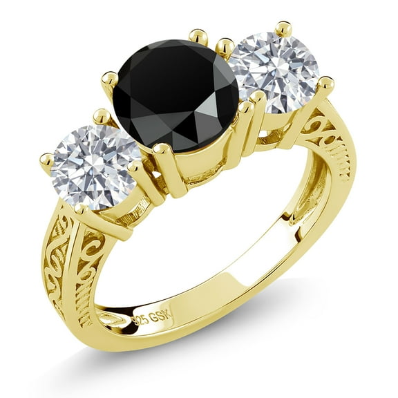 Gem Stone King 18K Yellow Gold Plated Silver Black Onyx and Lab Grown Diamond Engagement Ring for Women | 2.28 Cttw | Round 7MM | Gemstone December Birthstone | Size 9