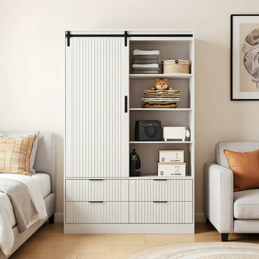 Resenkos Tall Bedroom Armoire Wardrobe Closet, Clothing Storage Cabinet with Hanging Rod, Barn Door, Drawers & Open Shelves - White