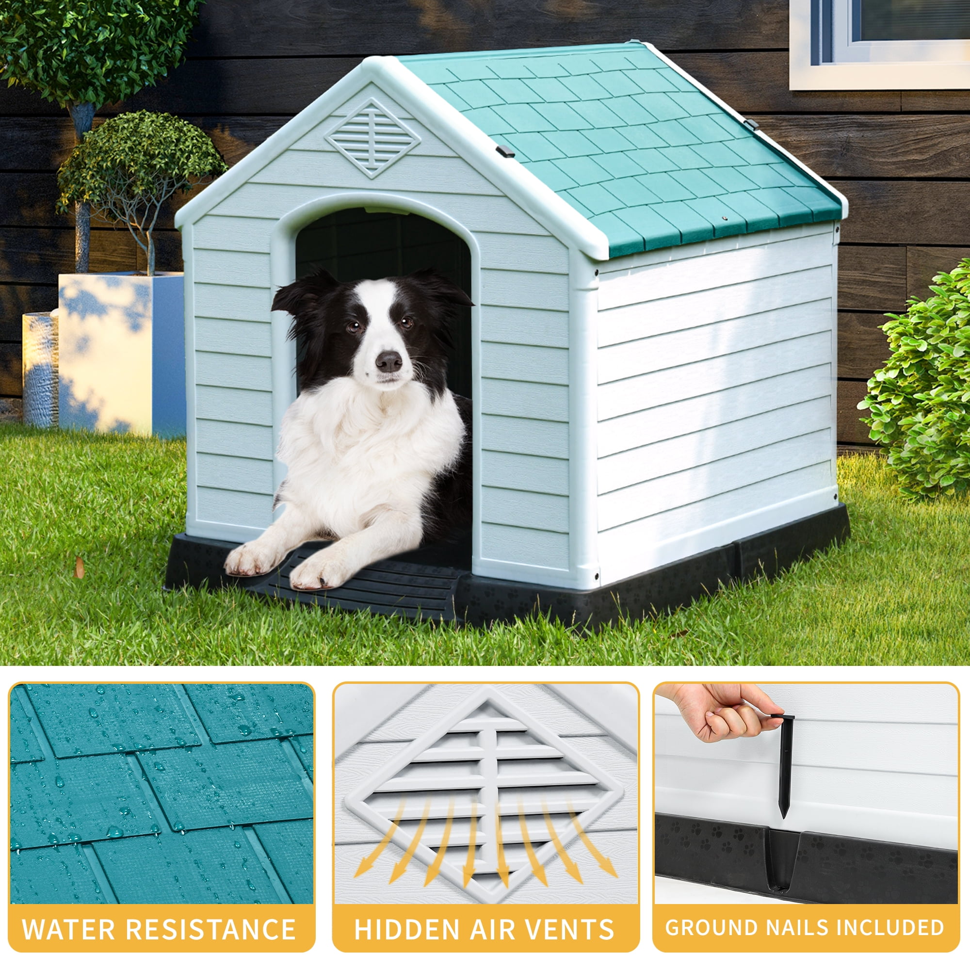 Dextrus Plastic Dog House,Outdoor Indoor Waterproof Dog Houses with Elevated Floor and Air Vents,Durable Ventilate & Easy Clean and Assemble,34.5''L x 30.9''W x 32''H,Blue