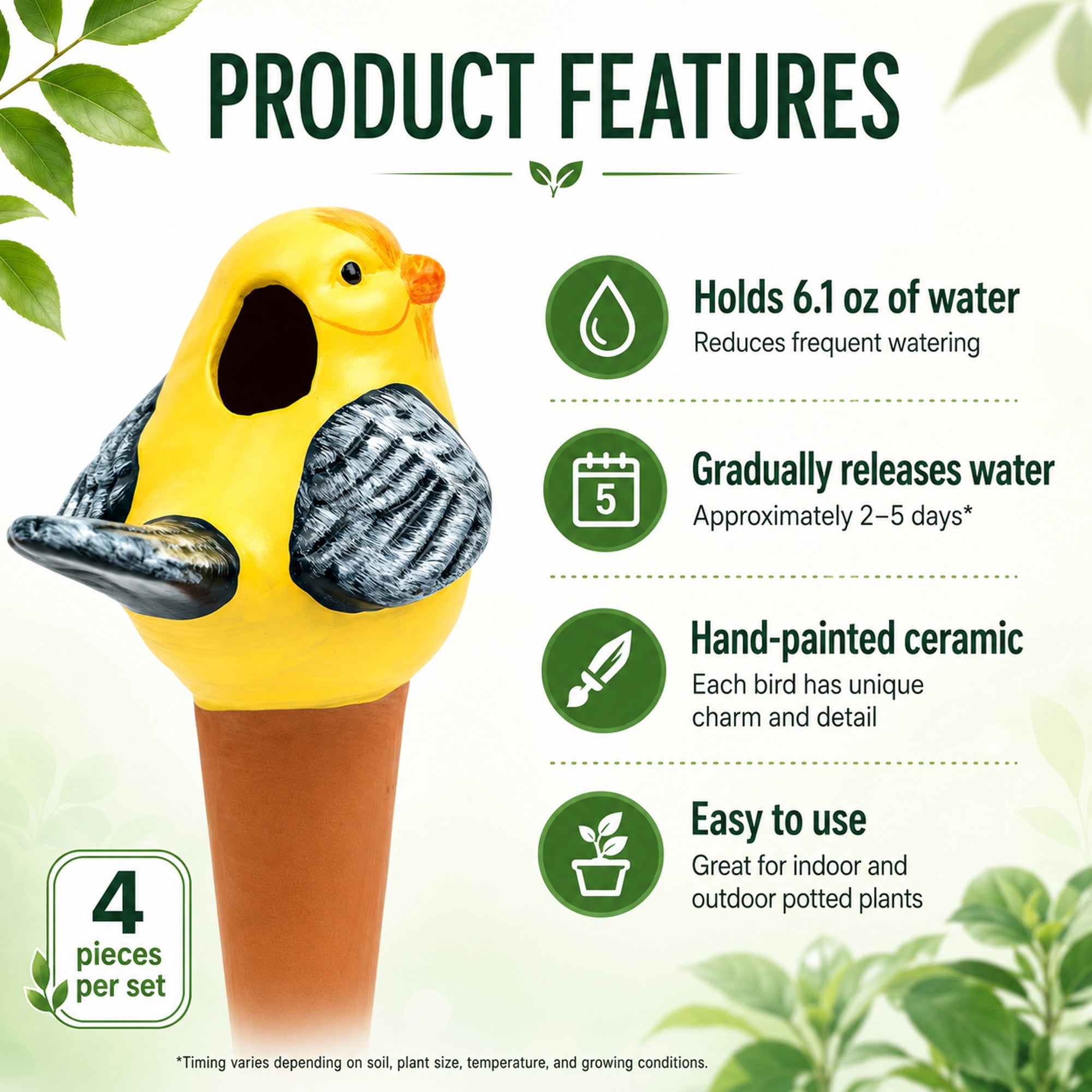 Bird Self-Watering Spikes, Decorative Ceramic Plant Waterers for Indoor and Outdoor Pots, 4-Piece Set