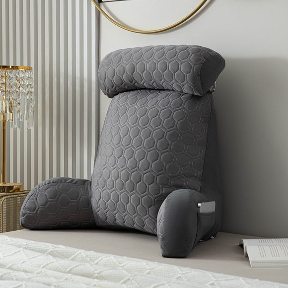 Reading Pillow with Arms – Backrest Cushion for Sitting Up in Bed, Standard Size with Washable Cover and Side Pockets