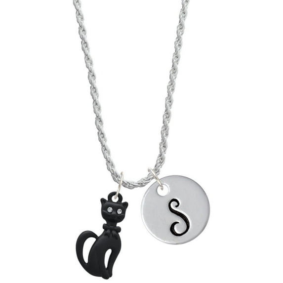 Delight Jewelry Tall Sitting Matte Black Cat Silvertone Script Initial Disc - S - Charm Necklace, 20"+3"